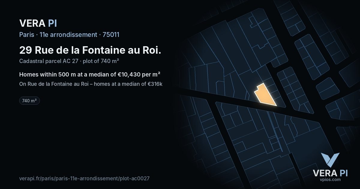29 Rue de la Fontaine au Roi, 11e arrondissement at night – the plot lit, the parcels around coloured by the prices near them