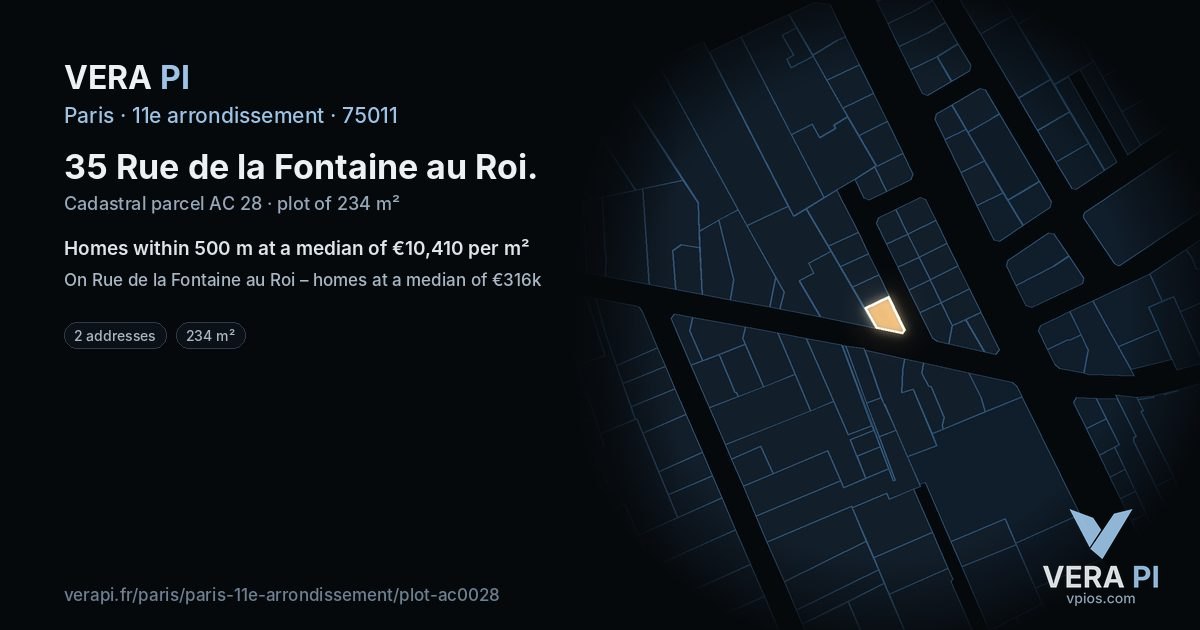 35 Rue de la Fontaine au Roi, 11e arrondissement at night – the plot lit, the parcels around coloured by the prices near them