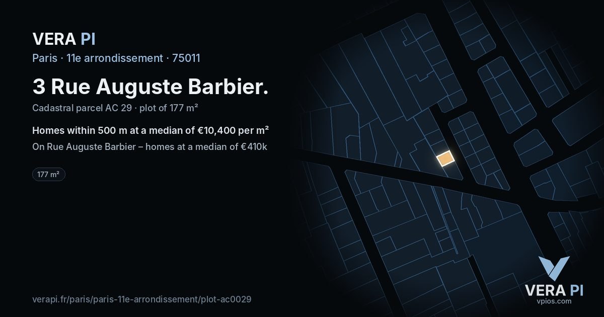 3 Rue Auguste Barbier, 11e arrondissement at night – the plot lit, the parcels around coloured by the prices near them