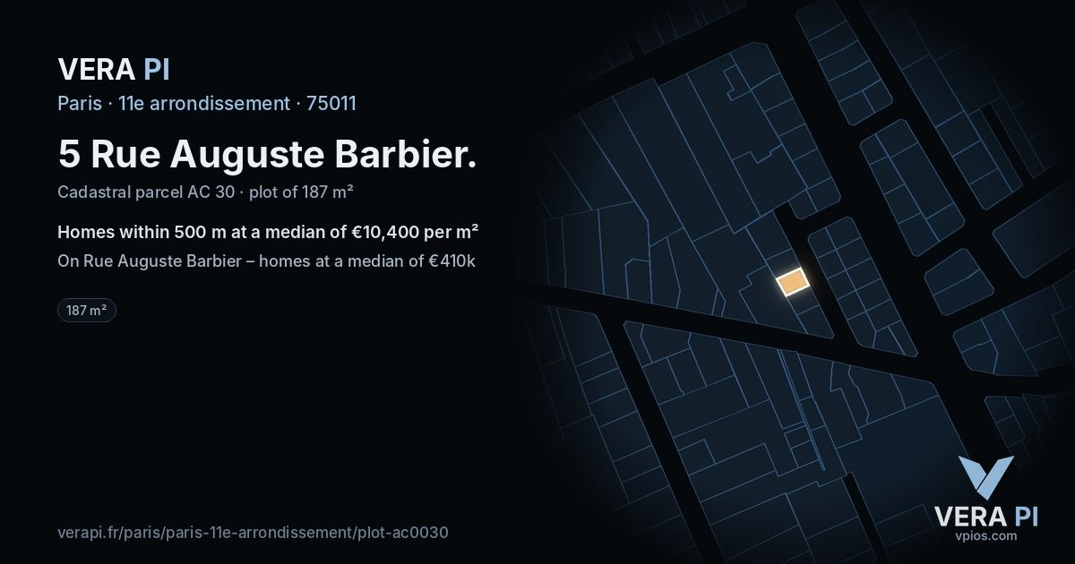 5 Rue Auguste Barbier, 11e arrondissement at night – the plot lit, the parcels around coloured by the prices near them