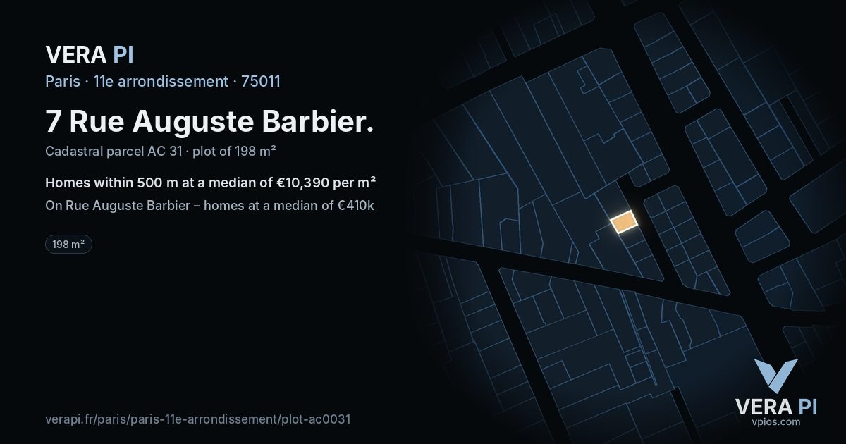 7 Rue Auguste Barbier, 11e arrondissement at night – the plot lit, the parcels around coloured by the prices near them