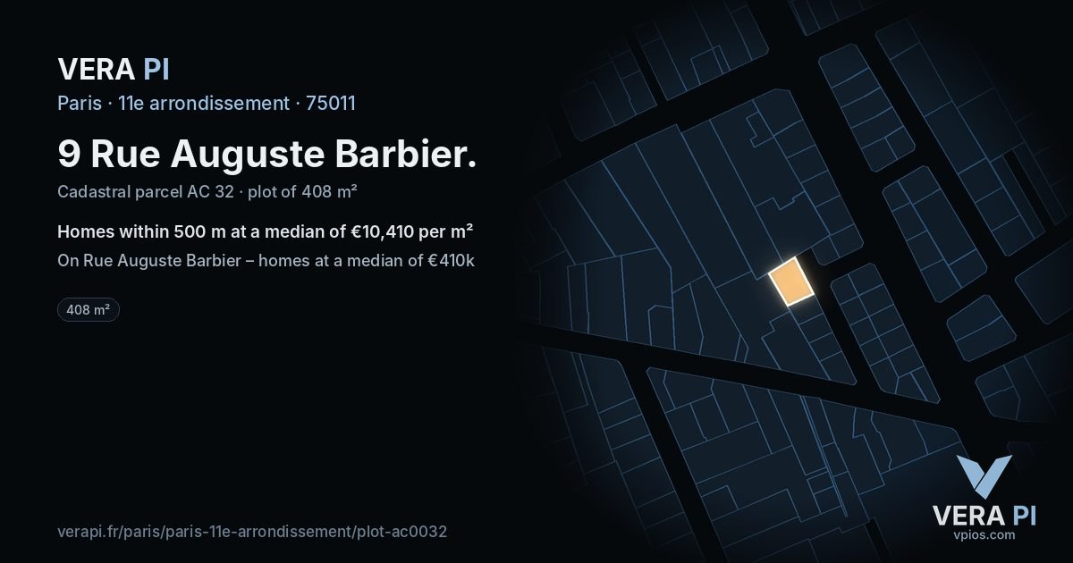 9 Rue Auguste Barbier, 11e arrondissement at night – the plot lit, the parcels around coloured by the prices near them