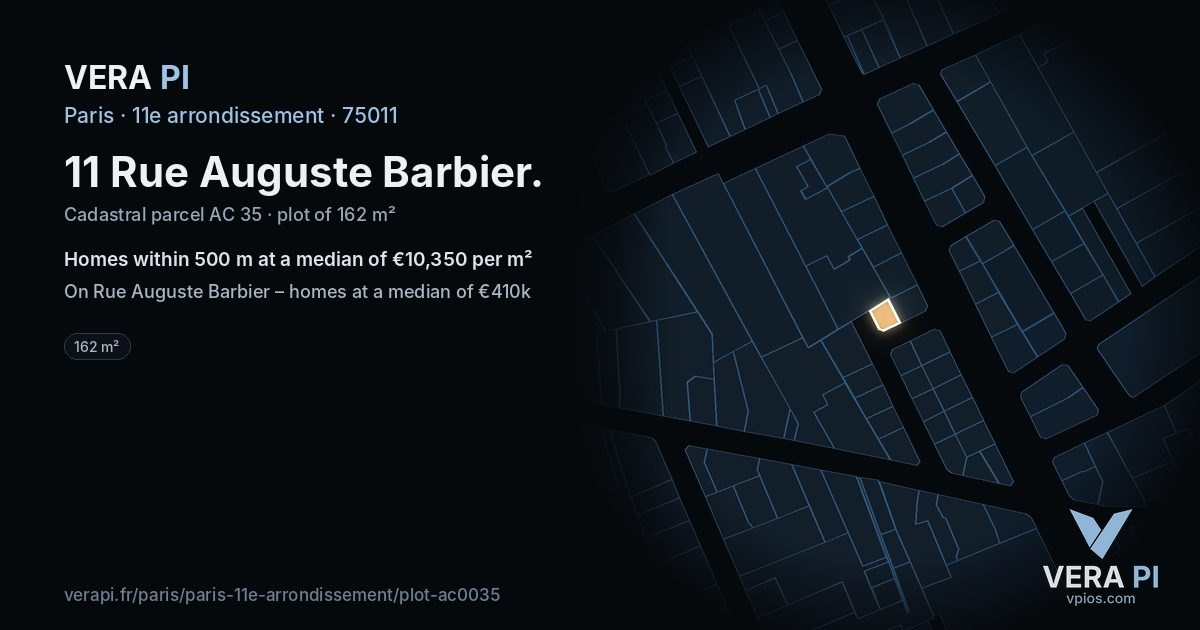 11 Rue Auguste Barbier, 11e arrondissement at night – the plot lit, the parcels around coloured by the prices near them