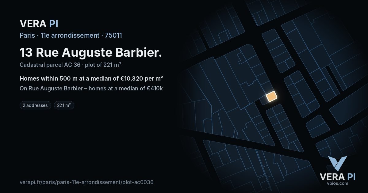 13 Rue Auguste Barbier, 11e arrondissement at night – the plot lit, the parcels around coloured by the prices near them