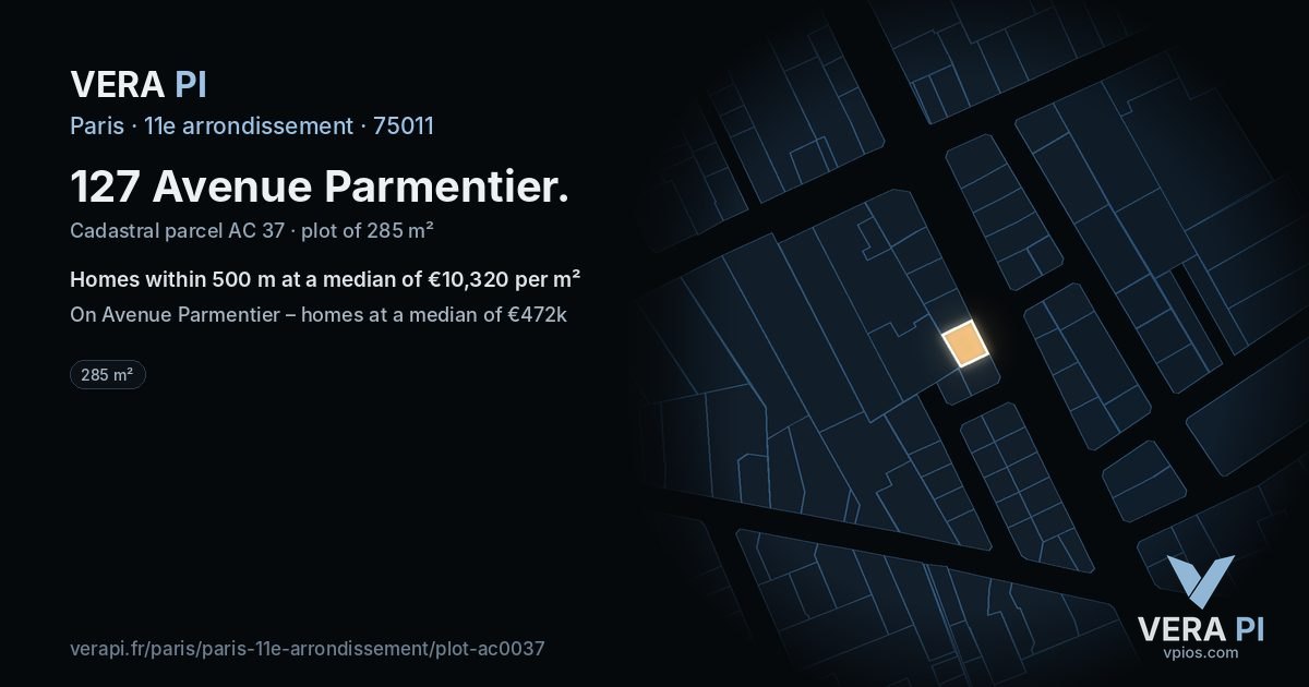 127 Avenue Parmentier, 11e arrondissement at night – the plot lit, the parcels around coloured by the prices near them