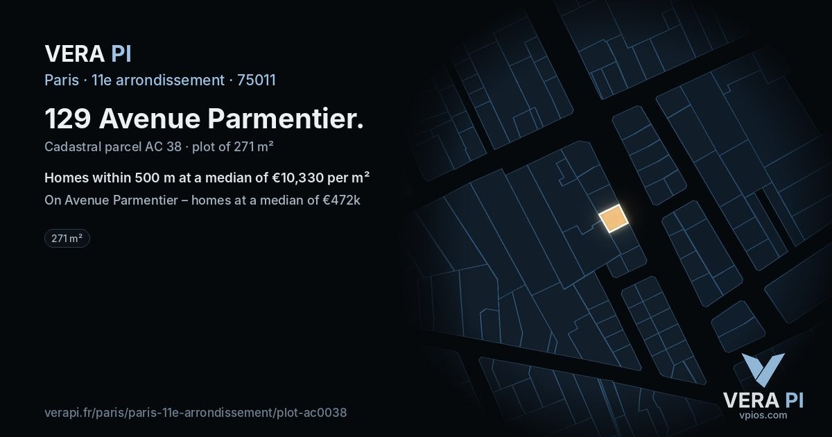 129 Avenue Parmentier, 11e arrondissement at night – the plot lit, the parcels around coloured by the prices near them