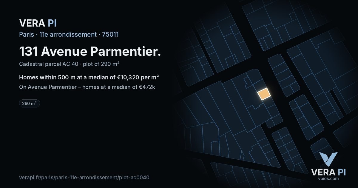 131 Avenue Parmentier, 11e arrondissement at night – the plot lit, the parcels around coloured by the prices near them