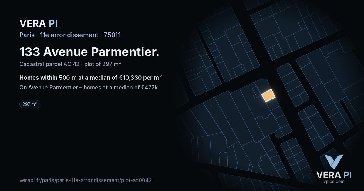 133 Avenue Parmentier, 11e arrondissement at night – the plot lit, the parcels around coloured by the prices near them