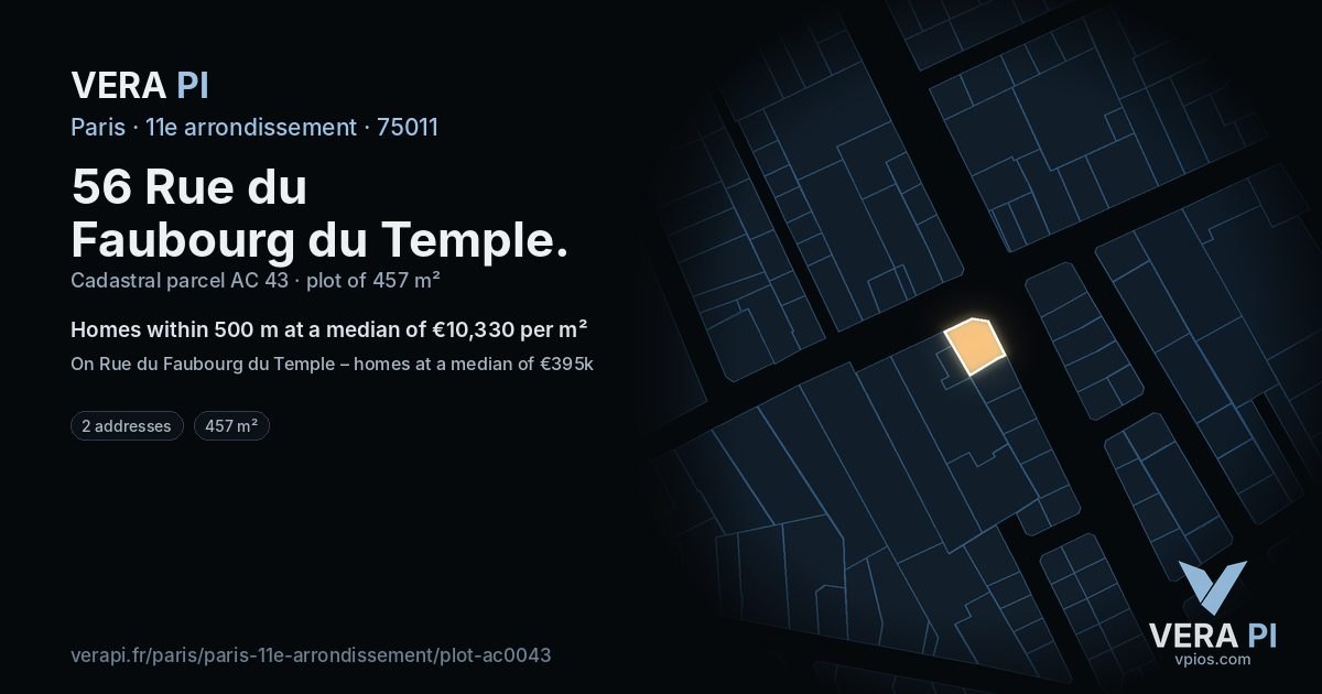 56 Rue du Faubourg du Temple, 11e arrondissement at night – the plot lit, the parcels around coloured by the prices near them