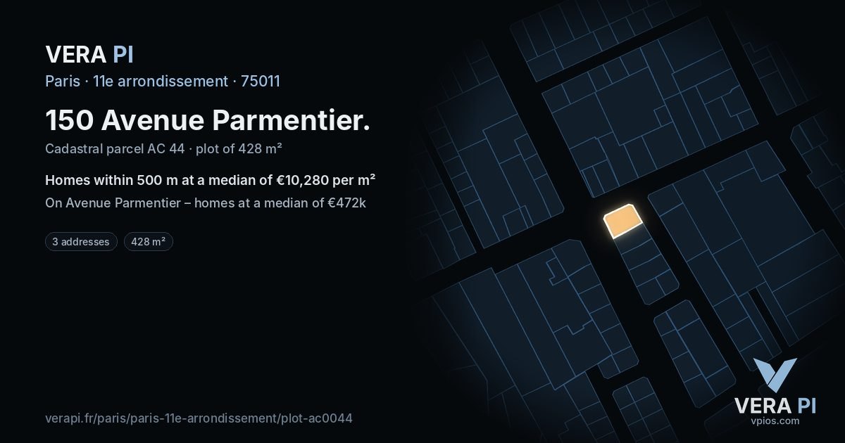 150 Avenue Parmentier, 11e arrondissement at night – the plot lit, the parcels around coloured by the prices near them