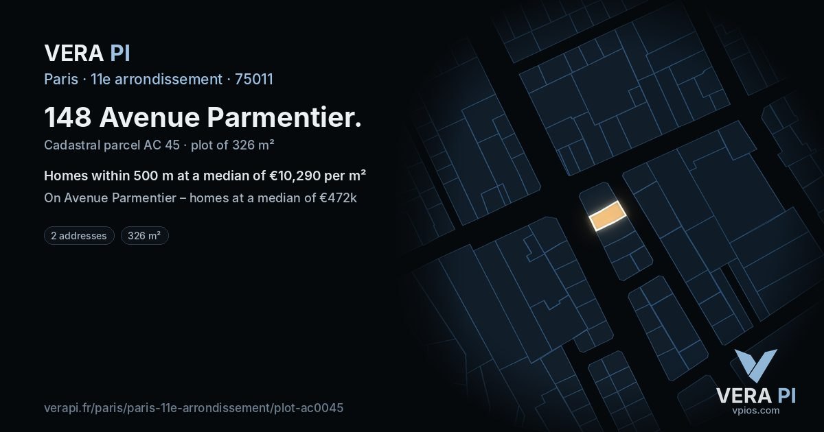 148 Avenue Parmentier, 11e arrondissement at night – the plot lit, the parcels around coloured by the prices near them