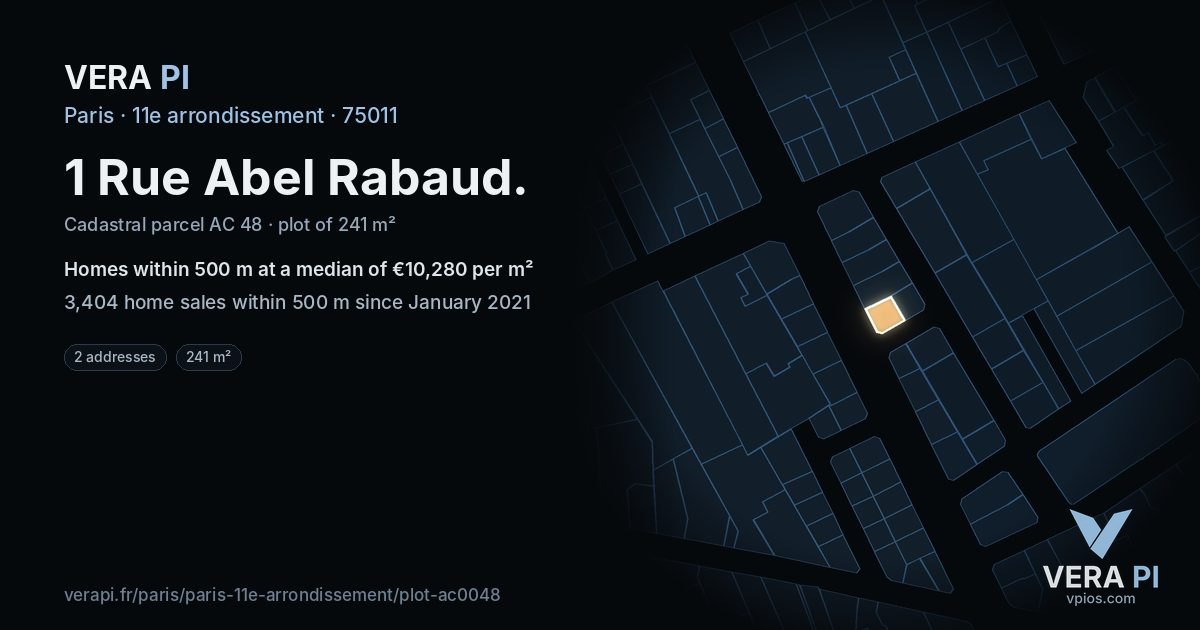 1 Rue Abel Rabaud, 11e arrondissement at night – the plot lit, the parcels around coloured by the prices near them