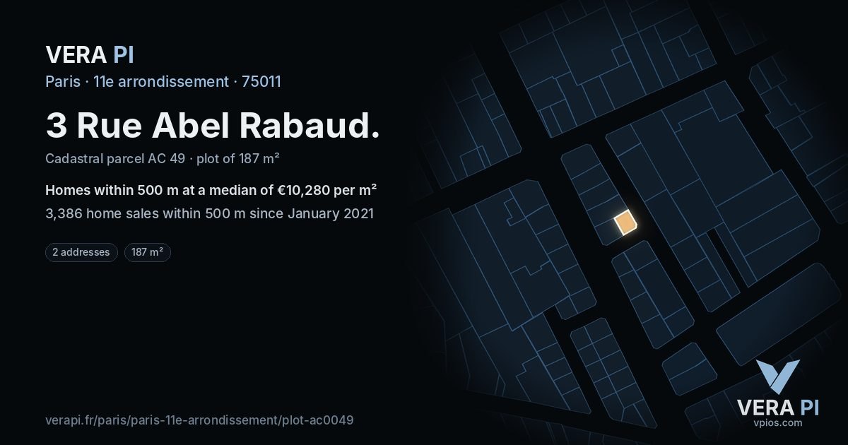 3 Rue Abel Rabaud, 11e arrondissement at night – the plot lit, the parcels around coloured by the prices near them