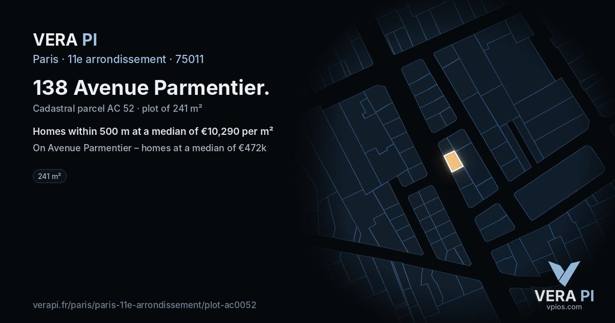 138 Avenue Parmentier, 11e arrondissement at night – the plot lit, the parcels around coloured by the prices near them