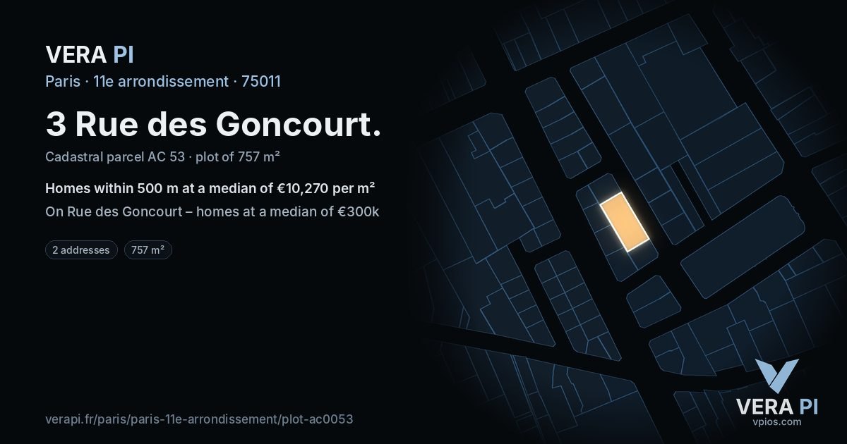 3 Rue des Goncourt, 11e arrondissement at night – the plot lit, the parcels around coloured by the prices near them