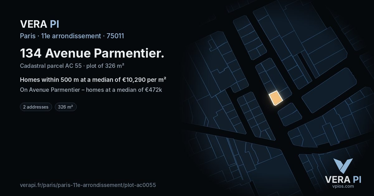 134 Avenue Parmentier, 11e arrondissement at night – the plot lit, the parcels around coloured by the prices near them