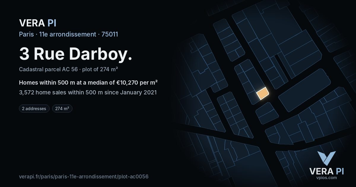 3 Rue Darboy, 11e arrondissement at night – the plot lit, the parcels around coloured by the prices near them