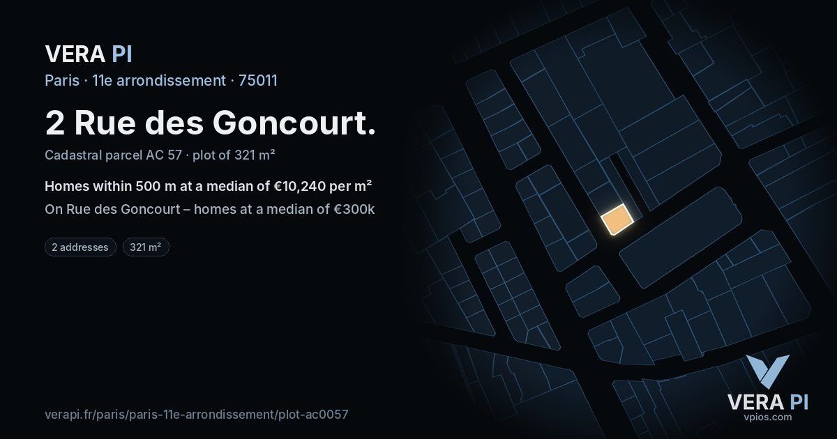 2 Rue des Goncourt, 11e arrondissement at night – the plot lit, the parcels around coloured by the prices near them
