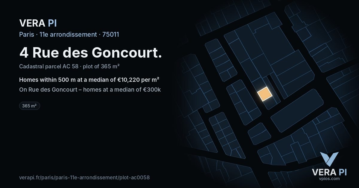 4 Rue des Goncourt, 11e arrondissement at night – the plot lit, the parcels around coloured by the prices near them