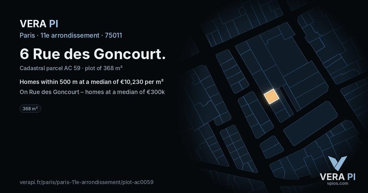 6 Rue des Goncourt, 11e arrondissement at night – the plot lit, the parcels around coloured by the prices near them