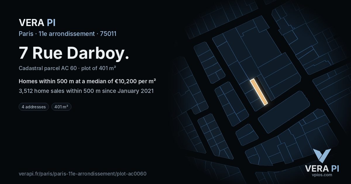 7 Rue Darboy, 11e arrondissement at night – the plot lit, the parcels around coloured by the prices near them