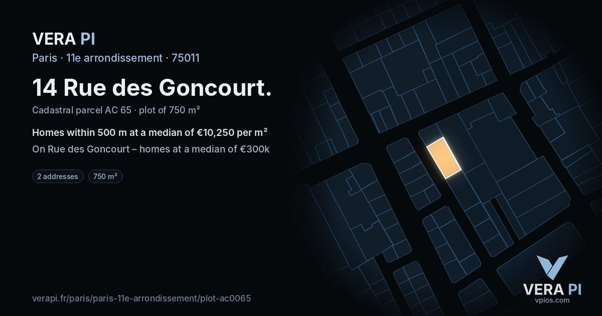 14 Rue des Goncourt, 11e arrondissement at night – the plot lit, the parcels around coloured by the prices near them