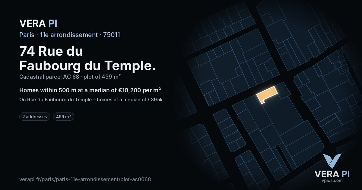 74 Rue du Faubourg du Temple, 11e arrondissement at night – the plot lit, the parcels around coloured by the prices near them