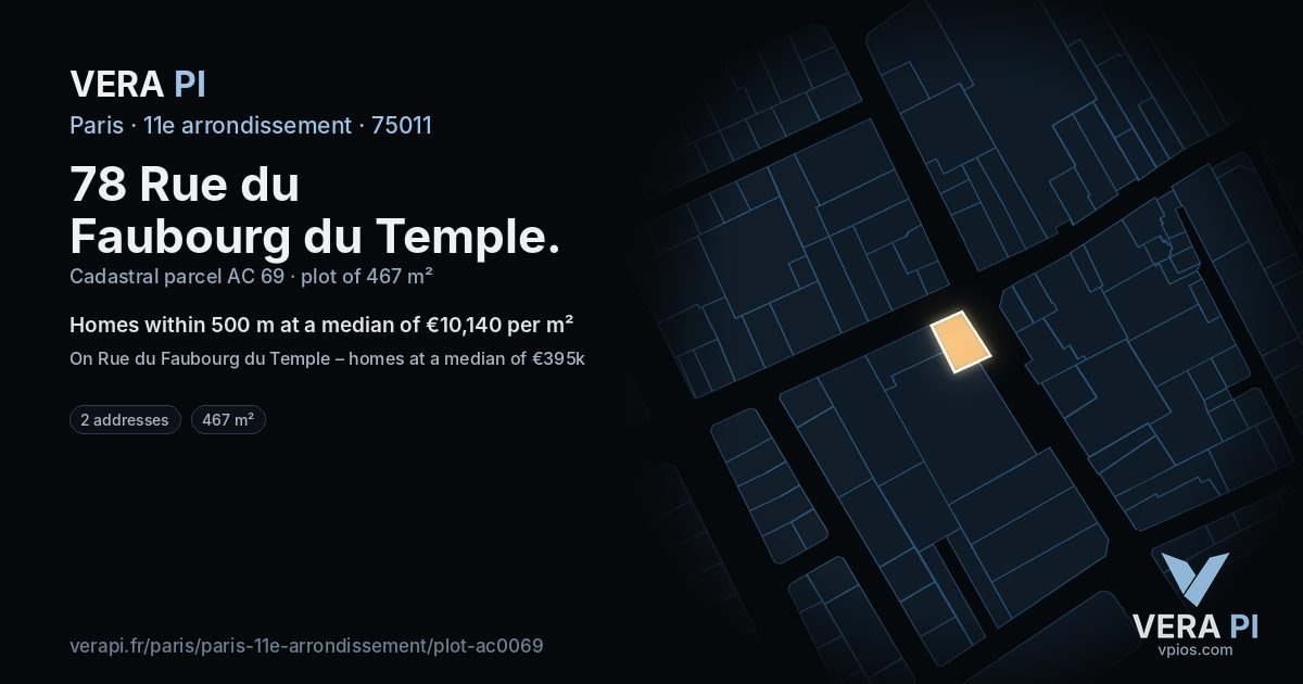 78 Rue du Faubourg du Temple, 11e arrondissement at night – the plot lit, the parcels around coloured by the prices near them