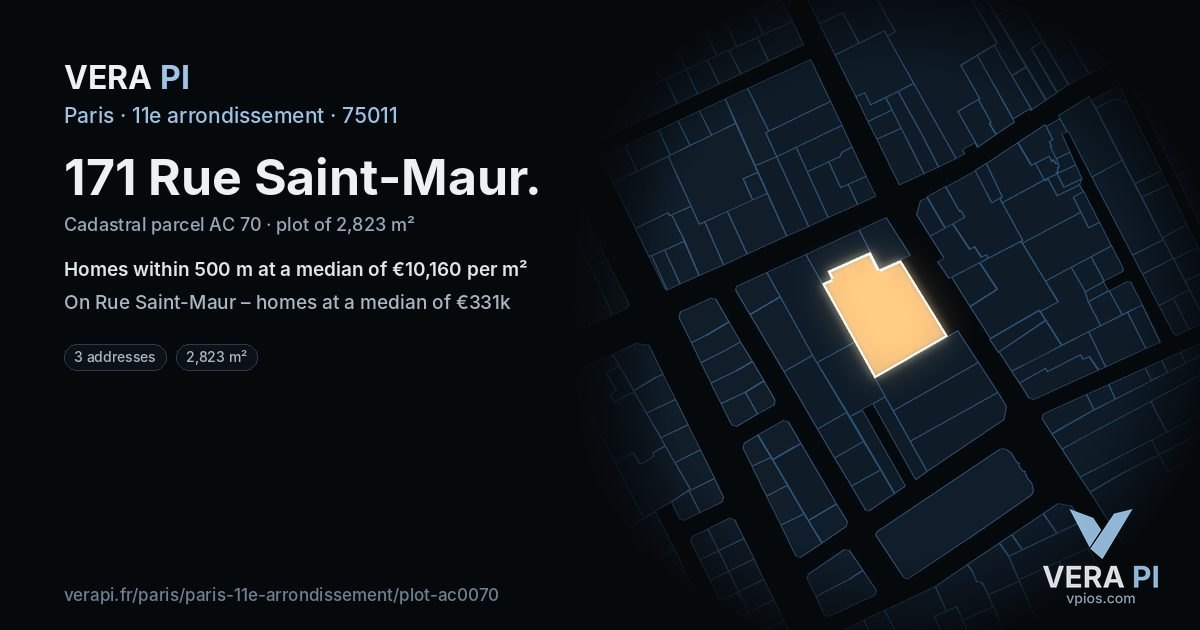 171 Rue Saint-Maur, 11e arrondissement at night – the plot lit, the parcels around coloured by the prices near them