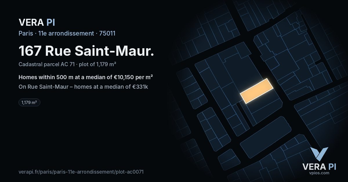 167 Rue Saint-Maur, 11e arrondissement at night – the plot lit, the parcels around coloured by the prices near them