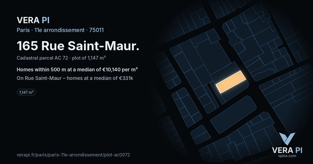 165 Rue Saint-Maur, 11e arrondissement at night – the plot lit, the parcels around coloured by the prices near them