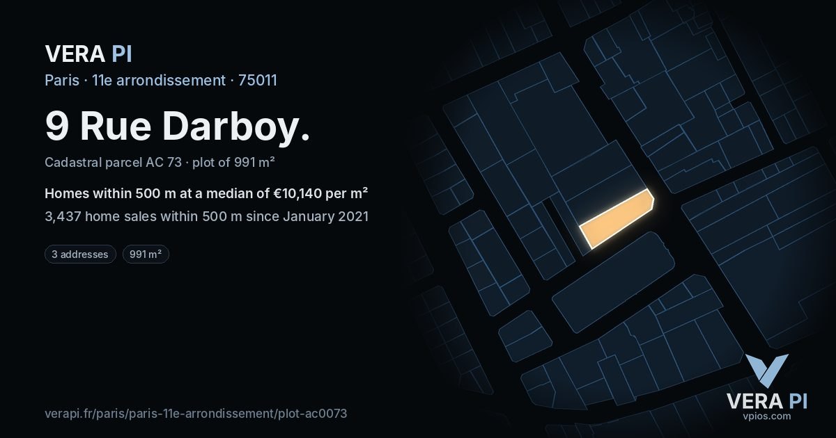 9 Rue Darboy, 11e arrondissement at night – the plot lit, the parcels around coloured by the prices near them
