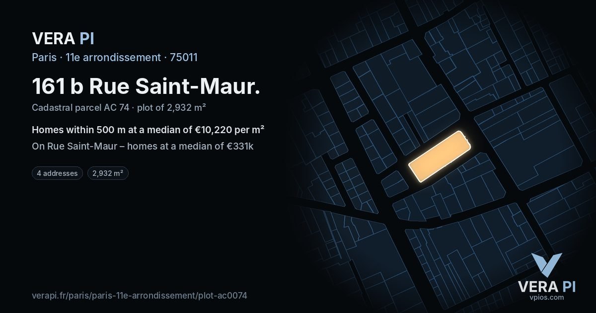 161 b Rue Saint-Maur, 11e arrondissement at night – the plot lit, the parcels around coloured by the prices near them