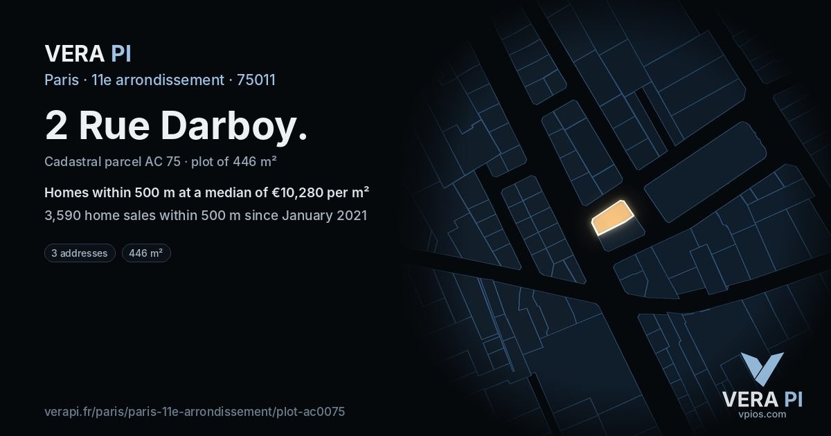 2 Rue Darboy, 11e arrondissement at night – the plot lit, the parcels around coloured by the prices near them