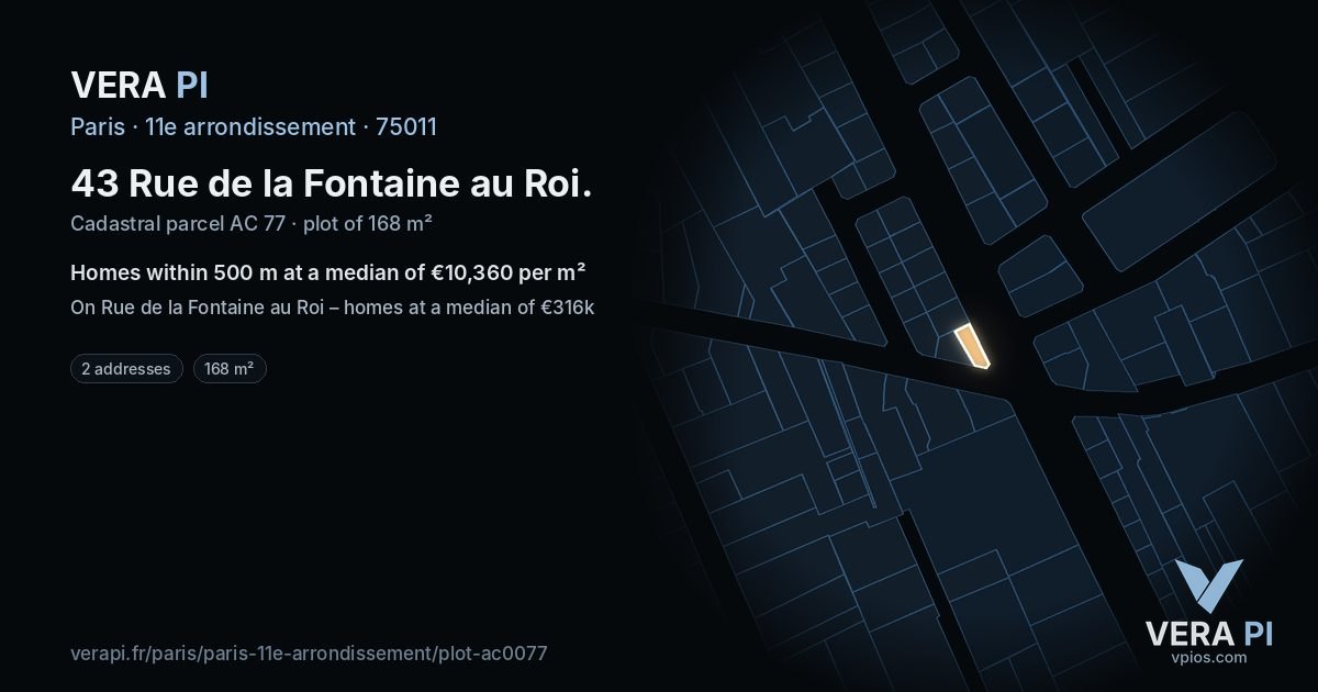 43 Rue de la Fontaine au Roi, 11e arrondissement at night – the plot lit, the parcels around coloured by the prices near them
