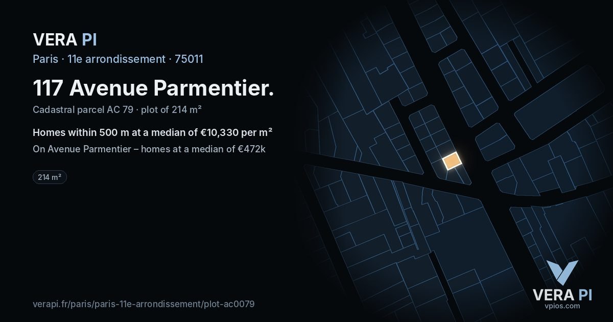 117 Avenue Parmentier, 11e arrondissement at night – the plot lit, the parcels around coloured by the prices near them