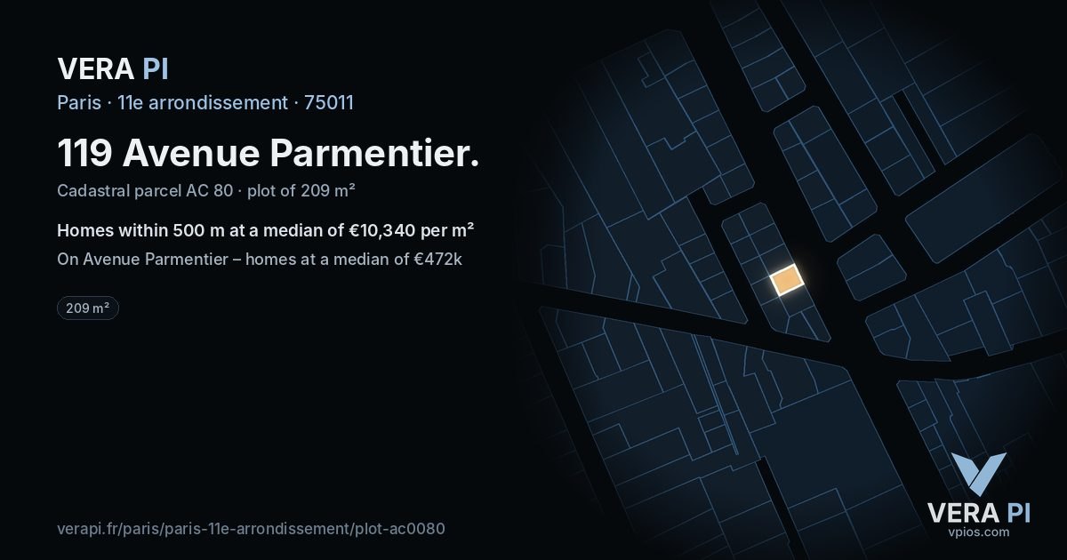 119 Avenue Parmentier, 11e arrondissement at night – the plot lit, the parcels around coloured by the prices near them