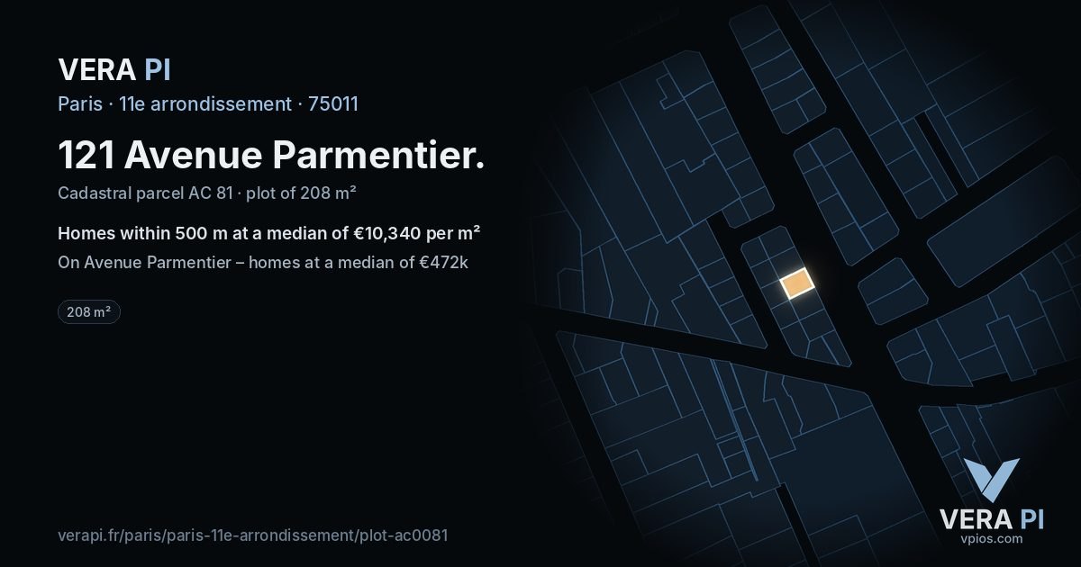 121 Avenue Parmentier, 11e arrondissement at night – the plot lit, the parcels around coloured by the prices near them