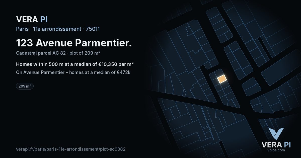 123 Avenue Parmentier, 11e arrondissement at night – the plot lit, the parcels around coloured by the prices near them