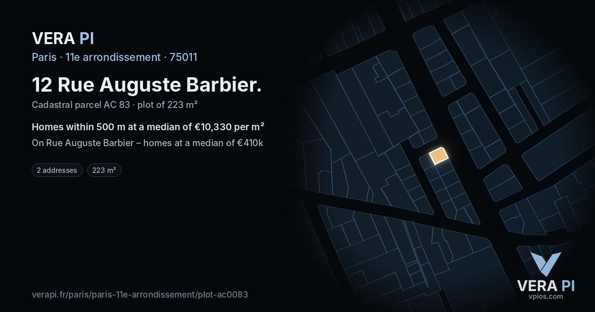 12 Rue Auguste Barbier, 11e arrondissement at night – the plot lit, the parcels around coloured by the prices near them