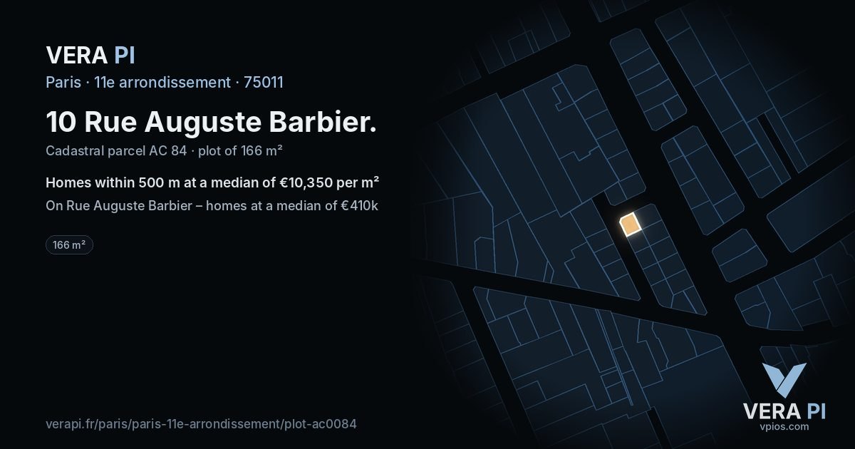 10 Rue Auguste Barbier, 11e arrondissement at night – the plot lit, the parcels around coloured by the prices near them