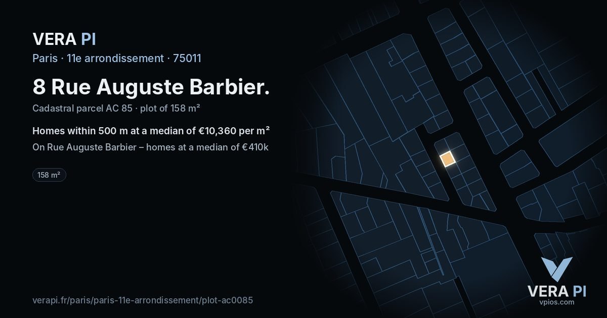 8 Rue Auguste Barbier, 11e arrondissement at night – the plot lit, the parcels around coloured by the prices near them