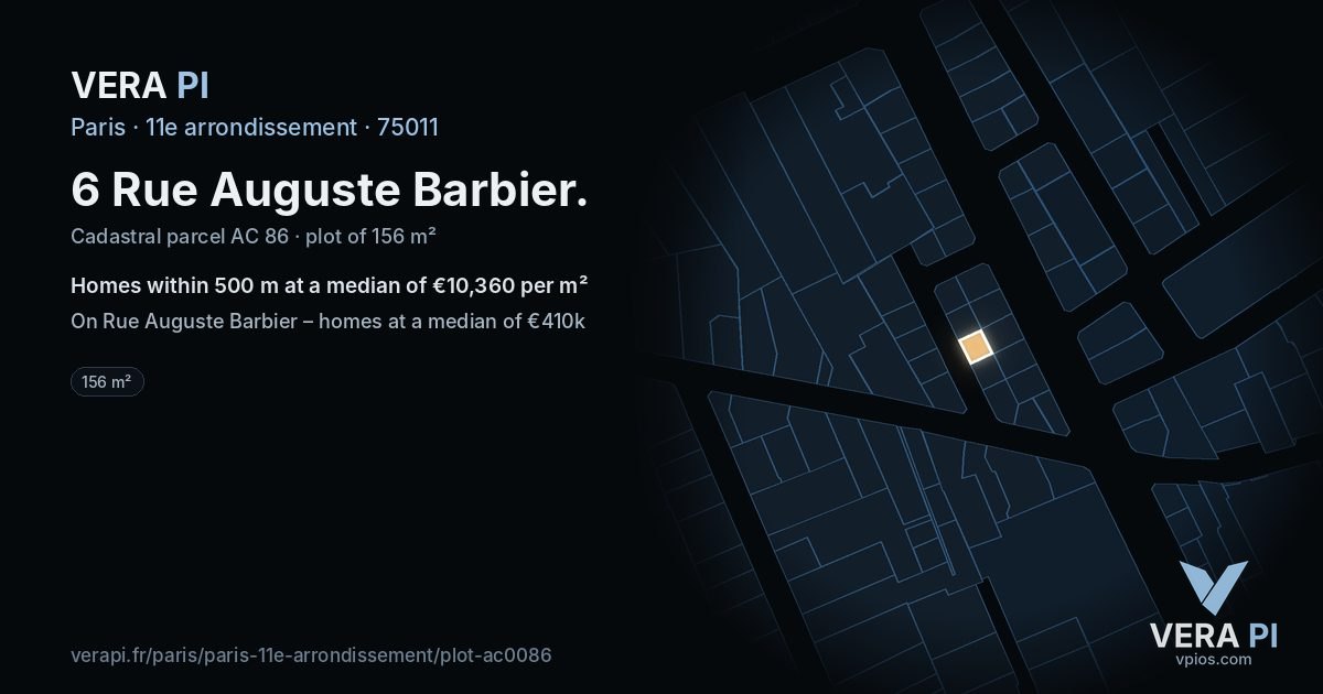 6 Rue Auguste Barbier, 11e arrondissement at night – the plot lit, the parcels around coloured by the prices near them