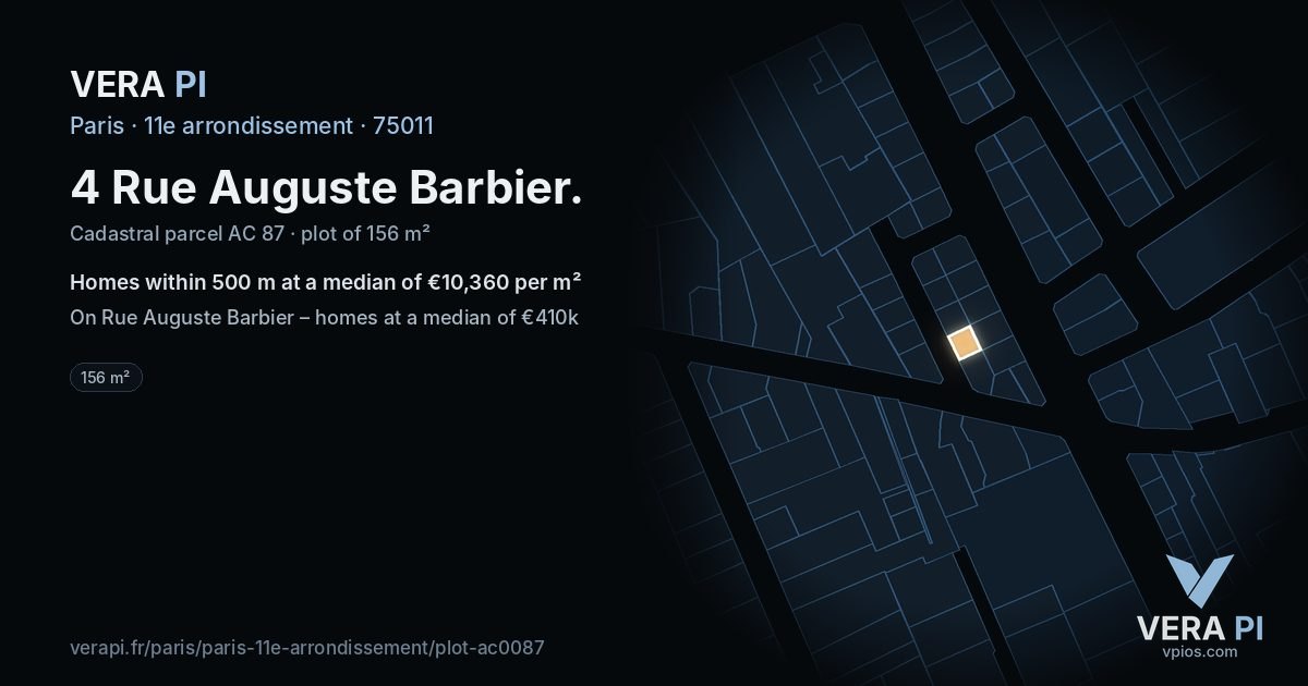 4 Rue Auguste Barbier, 11e arrondissement at night – the plot lit, the parcels around coloured by the prices near them