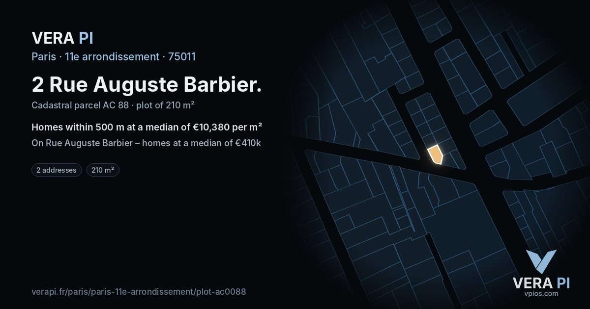 2 Rue Auguste Barbier, 11e arrondissement at night – the plot lit, the parcels around coloured by the prices near them