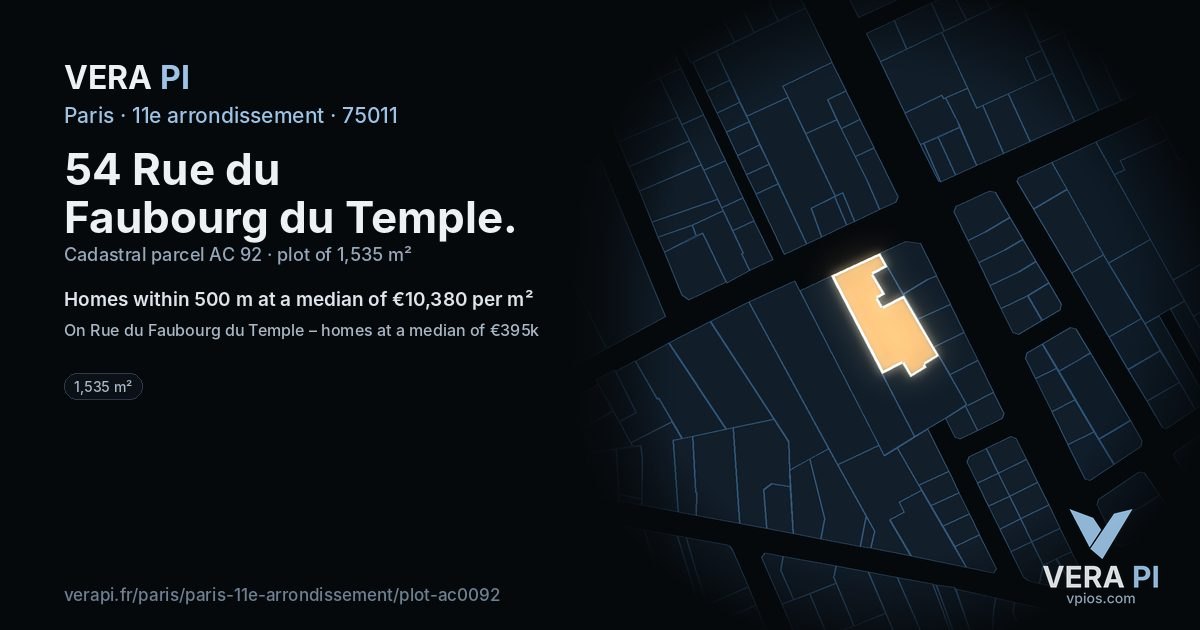 54 Rue du Faubourg du Temple, 11e arrondissement at night – the plot lit, the parcels around coloured by the prices near them