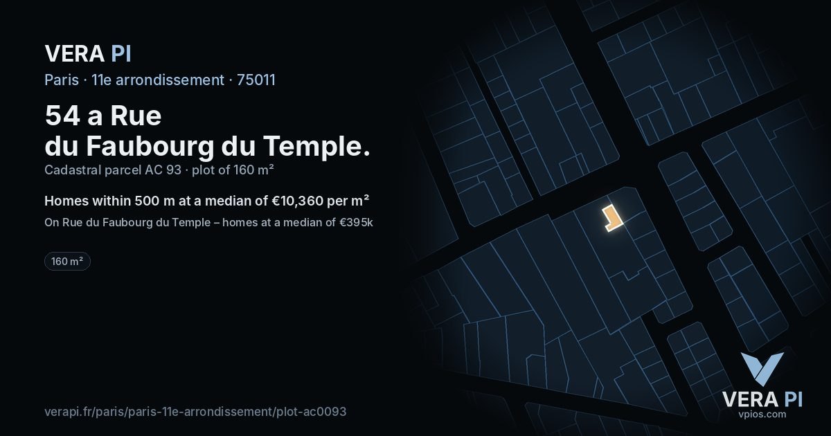 54 a Rue du Faubourg du Temple, 11e arrondissement at night – the plot lit, the parcels around coloured by the prices near them