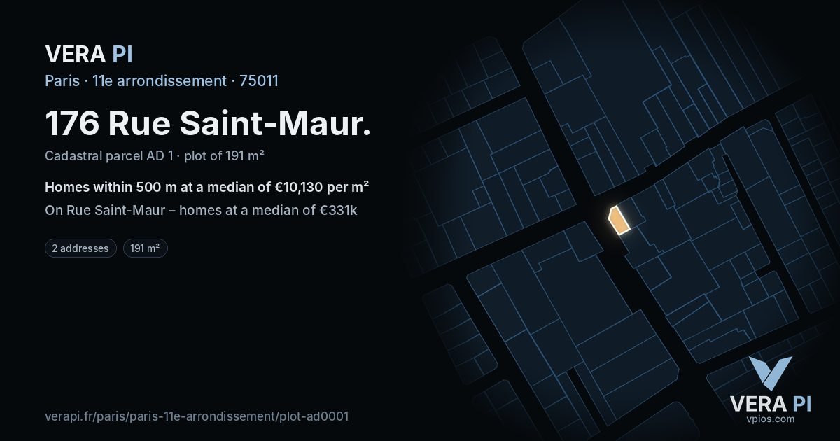 176 Rue Saint-Maur, 11e arrondissement at night – the plot lit, the parcels around coloured by the prices near them