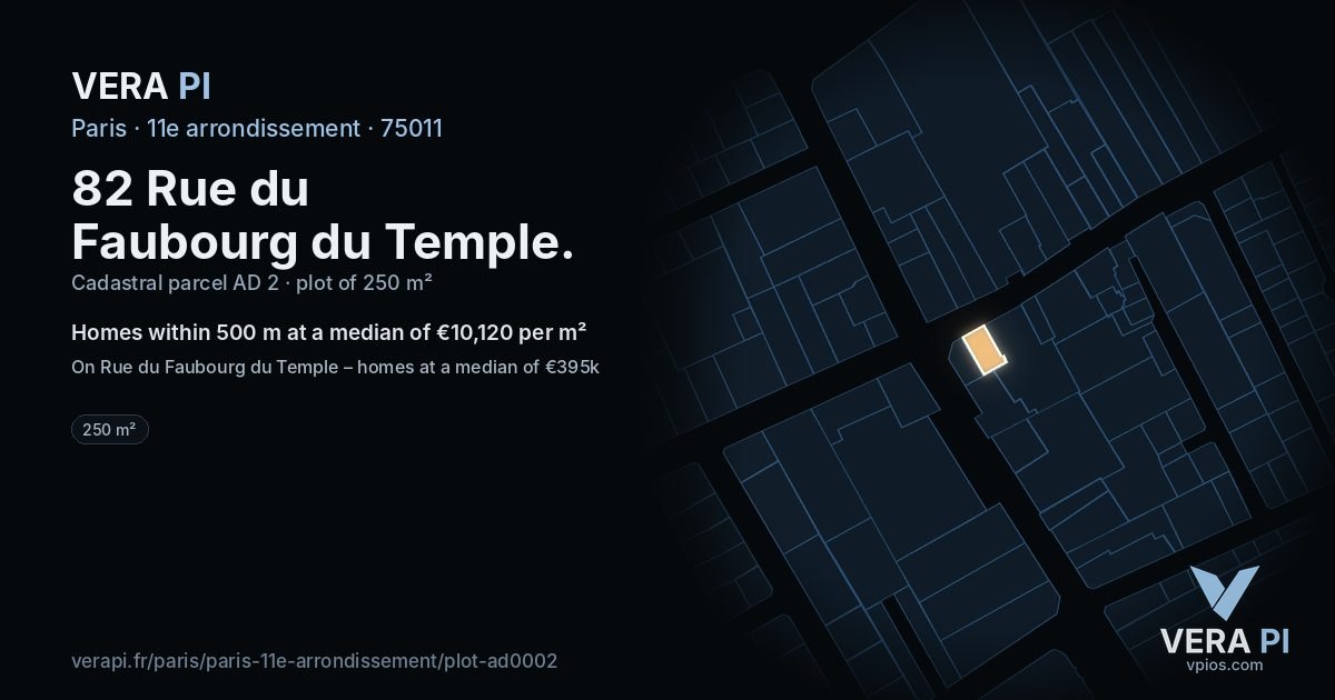 82 Rue du Faubourg du Temple, 11e arrondissement at night – the plot lit, the parcels around coloured by the prices near them