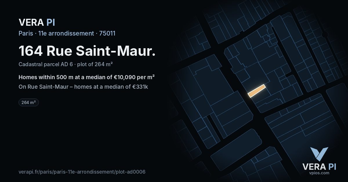 164 Rue Saint-Maur, 11e arrondissement at night – the plot lit, the parcels around coloured by the prices near them